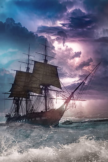 landscape, fantasy, fantasy landscape, storm, thunderstorm, sea, waves, sky, clouds, ship, dream