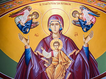 religious god illustration, virgin mary, queen of heaven, iconography, religion, orthodox, church, christianity, god, faith, ayios andreas church