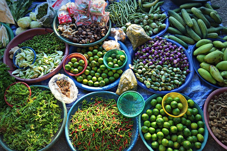 variety flavor, vegetables, tropical, fruit, thailand, morning, market, limes, food, fresh, healthy