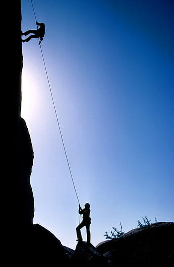 man, climbing, using, rope, ground, looking, rock climbers, teamwork, summit, peak, landscape