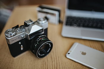 kamera zenit, hitam-putih, foto, kayu, meja, Tua, Zenit, kamera Canon, meja kayu, model tahun, kamera