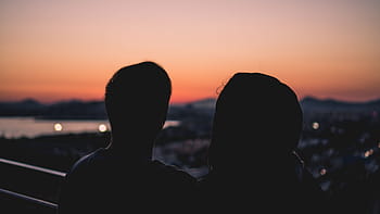 실루엣, 남자, 여자, 보고있다, 시티, 사람들, 소녀, 사람, 두, 일몰, 하늘
