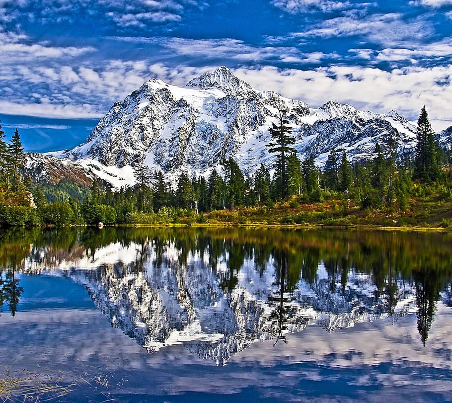 body, water, trees, side, digital, wallpaper, mount shukshan, lake, reflection, mountains, glaciated massif