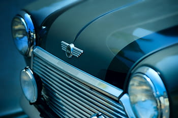 detailní, fotografie, mini cooper, auto, vozidlo, cestovat, výlet, rozmazat, světlomet, modrý, elektrická lampa