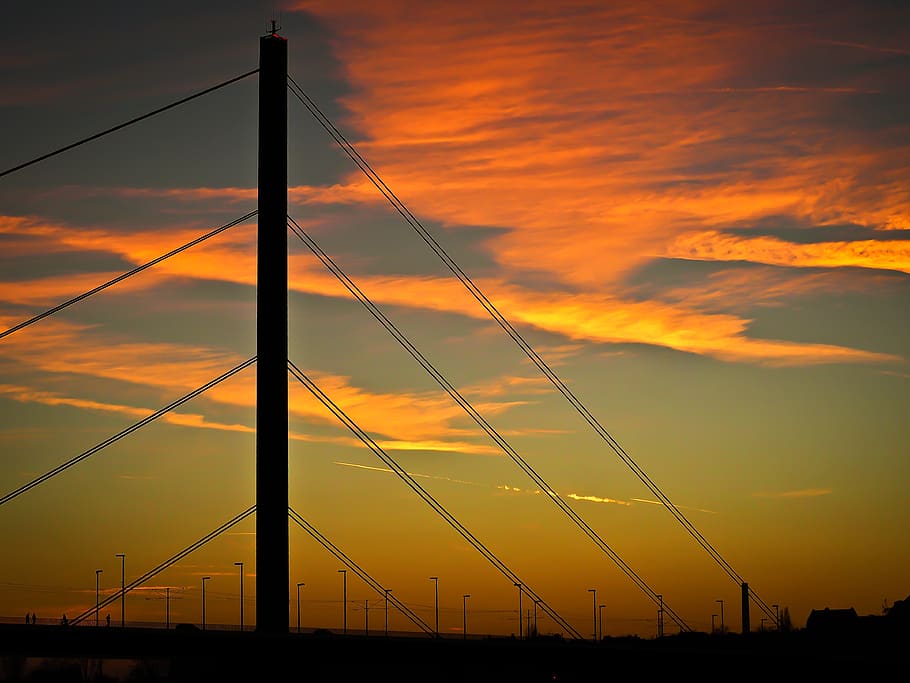 panoráma, düsseldorf, řeka, rhine, rheinbrücke, západ slunce, nebe, večerní obloze, dosvit, abendstimmung, atmosférický