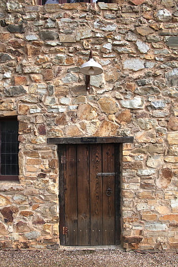 brown, wooden, panel door, door, wood, entrance, doorway, stone, wall, rustic, rural