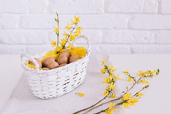 brown, eggs, white, wicker basket, wall, basket, yellow, flowers, cloth, easter, food
