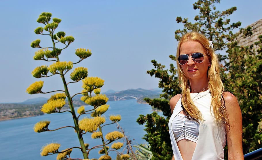 meisje, bloem, blond, leuk, vrouw, zomer, bril, landschap