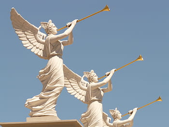 three, white, painted, concrete, angel, playing, trumpets, daytime, concrete Angel, wing, blowers