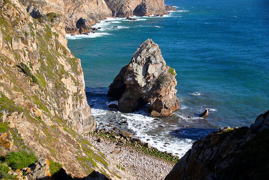 aerial, view, body, water, cliffs, rock, sea, surf, capo-rocca, atlantic, portugal