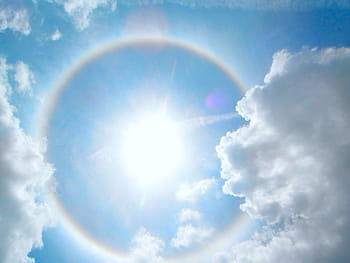 white, blue, cloudy, sky, halo, sun, light, sunlight, rays, clouds, solar