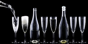 six, verres à cocktail, deux, bouteilles, Champagner, grillage, réveillon de Nouvel an, boisson, cristal, de fête, verre