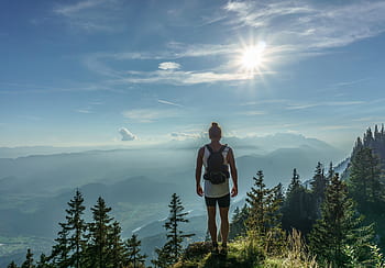 fille, femme, randonnée, trekking, sac à dos, les montagnes, les collines, les vallées, des arbres, forêt, aventure