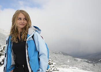 woman, wearing, blue, white, zip-up jacket, winter, trip, mountain, trekking, nature, adventure