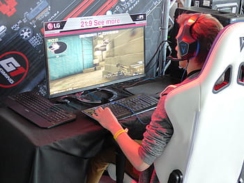 man, sitting, playing, online, games, game, the player, headphones, computer, a computer game, monitor