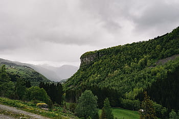 zelená, stromy, kopec, hora, zataženo, nebe, Černá, mraky, šedá, krajiny, hory