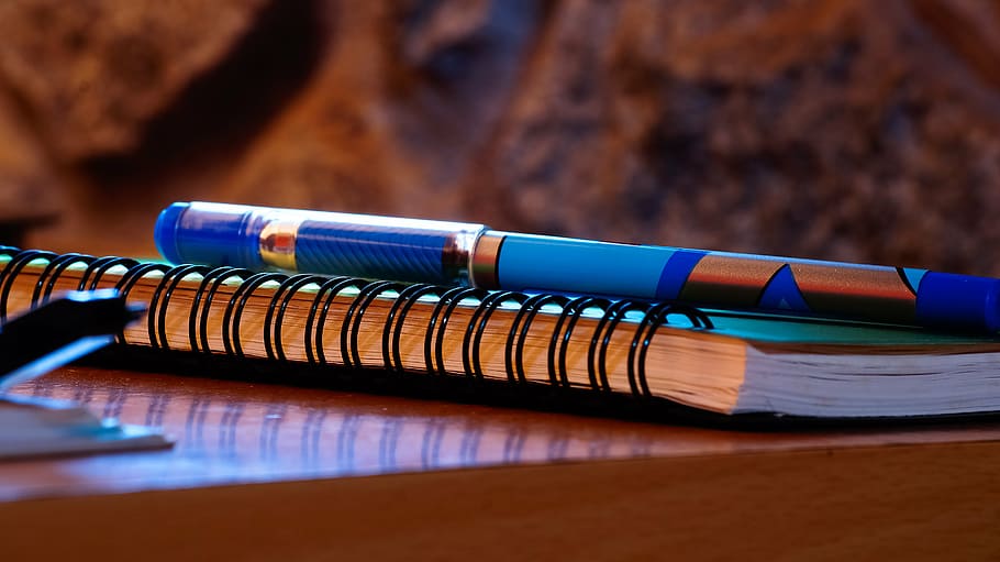 blue, orange, ballpoint pen, diary, personal, business, stone wall, background, notebook, pen, office