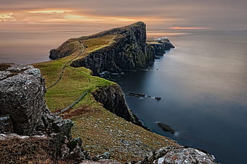 fotografování, horské útesu, vedle, pobřeží, během dne, Skotsko, Spojené království, Anglie, isle of skye, neist bod, moře