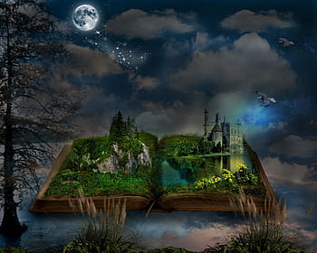 book, landscape illustration, manipulation, nature, fantasy, old, clouds, history, architecture, built structure, old ruin