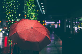 person, red, umbrella, nighttime, holding, boke, lights, raining, night, dark, street