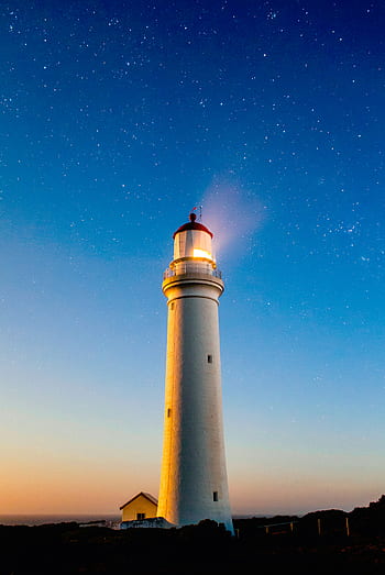 structure, lighthouse, sky, night, stars, lights