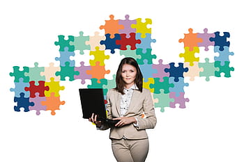 woman, wearing, beige, suit, holding, black, laptop computer, businesswoman, business, puzzle, organization