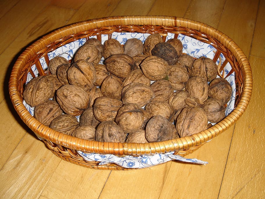 basket of walnuts, Basket, Walnuts, food, photos, nut, nuts, public domain, walnut, brown, indoors
