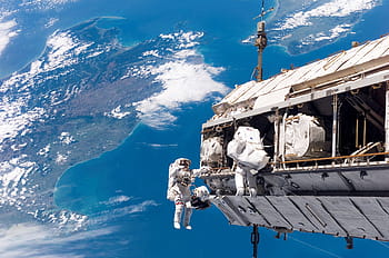 two, astronaut, white, space shuttle, space walk, nasa, aerospace, outer space, earth, globus, iss