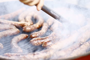 klobásy, grilování, gril, kouř, jídlo, oběd, večeře, letní, šéfkuchař, kuchařka