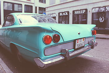green, coupe, road, car, vehicle, transportation, street, vintage, old, old-fashioned, retro styled