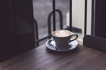 káva, latte, umění, espresso, kavárna, caffelatte, pohár, lžíce, dřevěný, stůl