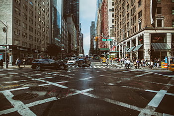 wide, angle shot, taken, traffic junction, manhattan, new, york city, Wide angle, shot, New York City, urban