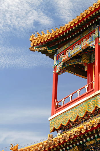 red, beige, temple, roof, china, dragon, forbidden city, architecture, beijing, palace, ornament