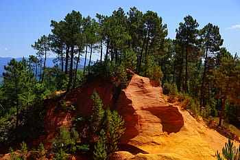 zöld, levélfák, hajtás, barna, hegy, okker sziklák, roussillon, okker nyomvonal, sentier des ocres, szikla, okker