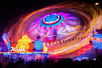 red, yellow, multicolored, led, lights, carousel, folk festival, fair, fun, hustle and bustle, long exposure