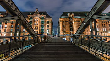 brown, concrete, high-rise, building, suspension bridge, architecture, bridge, travel, city, speicherstadt, hamburg