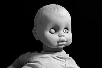 grayscale photo, infant doll, doll, baby doll, girl doll, face, portrait, doll portrait, toy, plaything, girl toy