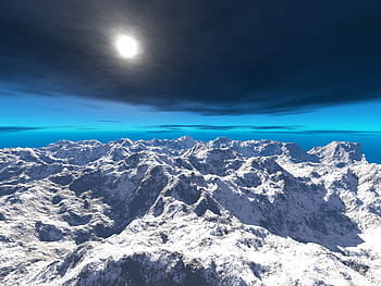 snow-covered mountain, nature, sky, outdoors, panoramic, mountain, blue sky, sun, planet, universe, alien