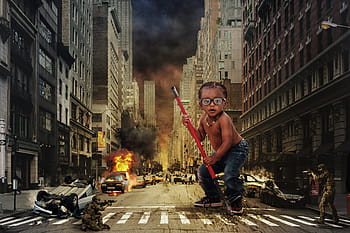 edited, boy, wearing, blue, denim jeans, concrete, buildings, soldiers, ninja, child, city