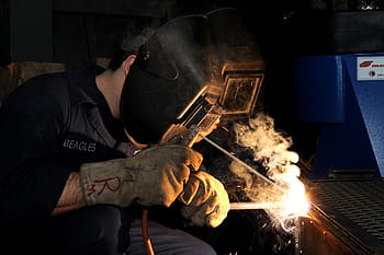 man, wearing, black, holding, helmet, jacket, construction, worker, welding, welder, industry