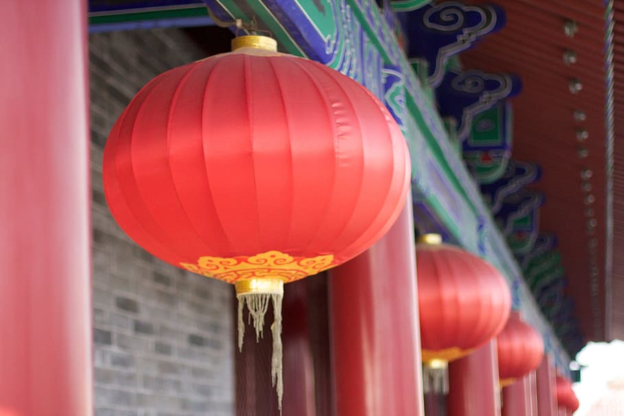 Červené, japonské lucerny, mělké zaměření, xi'an, xian, Čína, Čína, červená, červená, lucerna, xian, Čína, lucerna, městská zeď