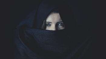 black hijab headdress, people, girl, woman, face, black, clothing, human eye, one person, looking at camera, spooky