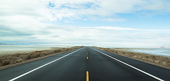 gray, asphalt road, sunny, sky, empty, concrete, road, white, clouds, horizon, path