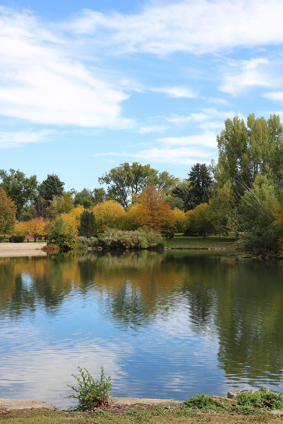 glenmere park, greeley, colorado, svar kraj, park, stromy, jezero, podzim, modrá obloha, zelená, modrý
