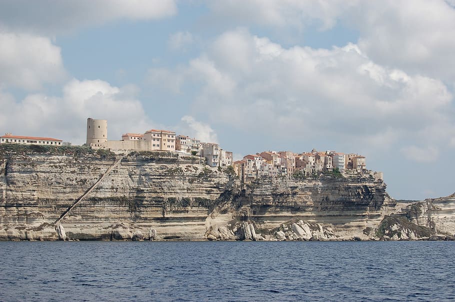 Corsican, Bonifacio, Cliffs, architecture, building exterior, built structure, sea, sky, city