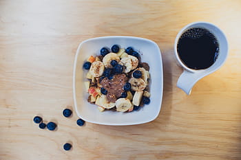 flat, lay, photography, blueberry salad, white, ceramic, mug, breakfast, bowl, fruit, salad