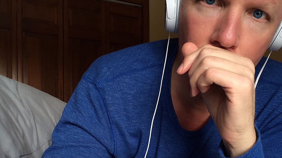 Person, Listening, Headphones, Eyes, blue, music, people, one Person, caucasian Ethnicity, adult, indoors