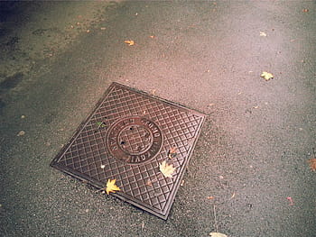 rectangular, brown, metal manhole, cover, square, man, hole, lid, sewer, pavement, ground