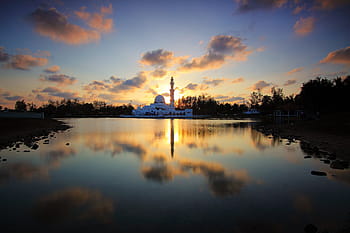 bianca, calcestruzzo, moschea, corpo, acqua, d'oro, ora, silhouette, cupola, costruzione, alberi
