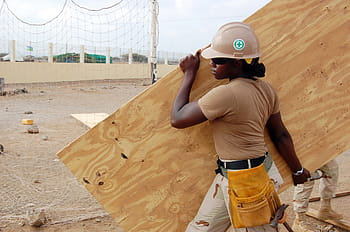 woman, carrying, brown, wooden, plyboard, construction, worker, building, job, site, female